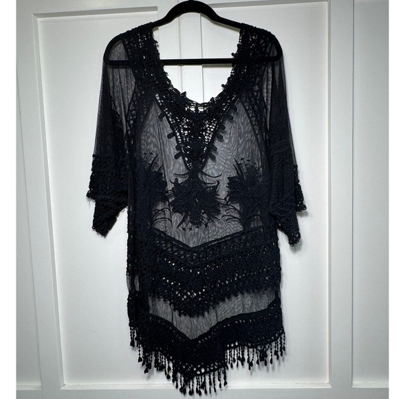 Source Unknown Other - Black Lace Tunic Cover Up Beach Boho Sheer Fringe OSFM